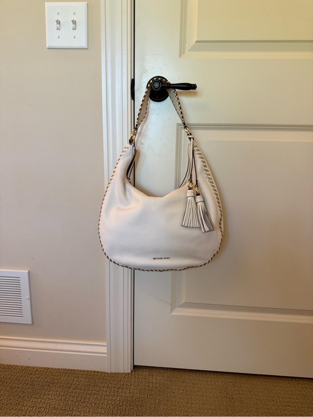 Michael Kors Off-White Leather Hobo with Braided Trim and Tassels